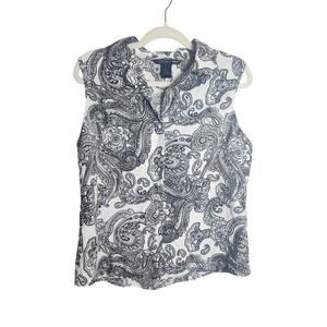 Saint Tropez West Linen Button Front Tank Sz XL black/white Paisley beachy boho